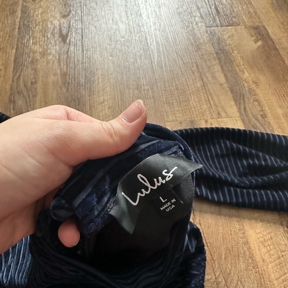 LULU’S Ticket To Chic Navy Blue Striped Velvet Balloon Sleeve Dress - Picture 3 of 3